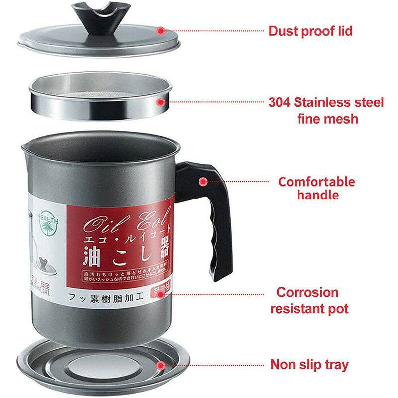 Stainless Steel Oil Strainer Container with Fine Mesh Filter & Drip-Free Spout