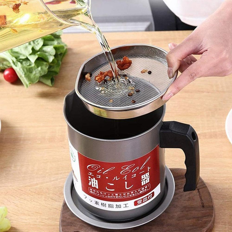 Stainless Steel Oil Strainer Container with Fine Mesh Filter & Drip-Free Spout